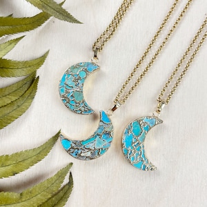 Gold Copper Turquoise Crescent Moon Necklace (EPJ-N24A42)