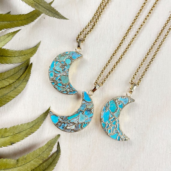 Gold Copper Turquoise Crescent Moon Necklace (EPJ-N24A42)