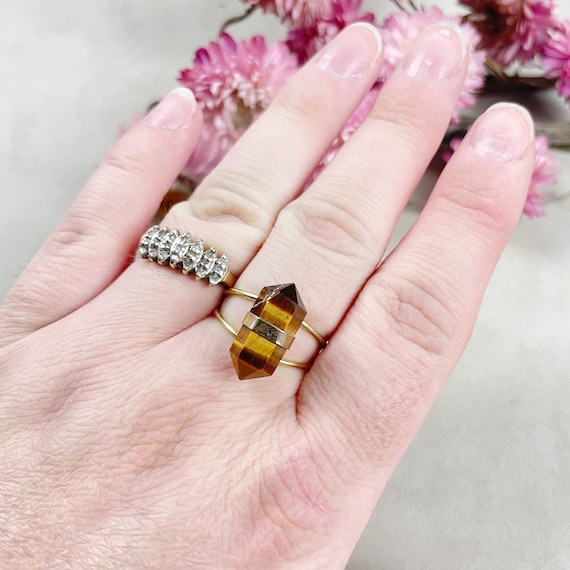 Gold Double Terminated Tiger Eye Gemstone Adjustable Ring (EPJ-RTD14-4)