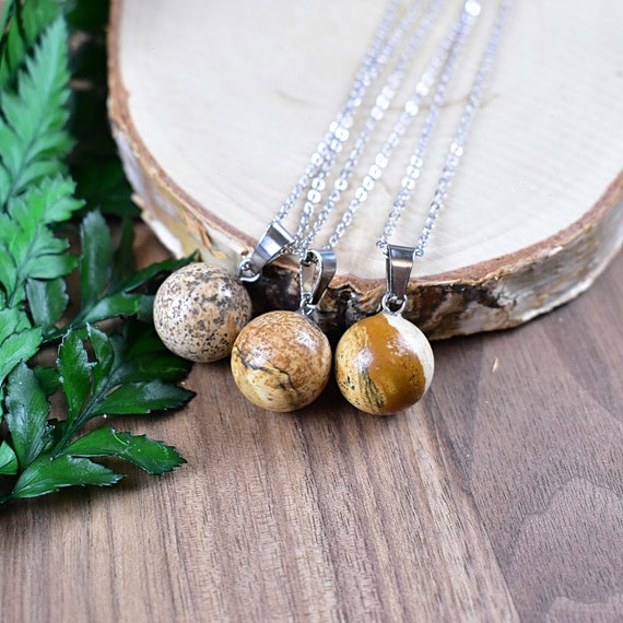 Picture Jasper 14mm Orb Necklace, Silver Gemstone Necklace, Layering Statement Necklace (EPJ-NW20AAB19)