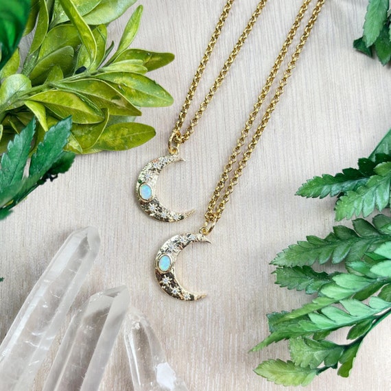 Opal Celestial Crescent Moon Charm Necklace (EPJ-N1AA35)