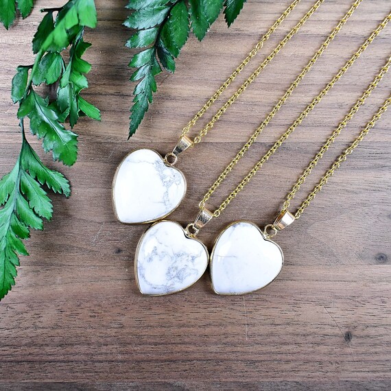 Large White Howlite Heart Necklace Gold Gemstone Necklace Layering Statement Necklace EPJ NW20BAA17