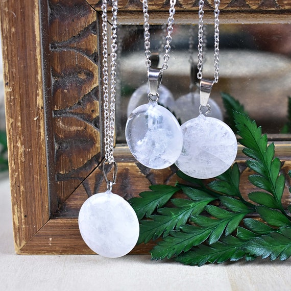 Round Clear Quartz 20mm Necklace, Silver Gemstone Necklace, Layering Statement Necklace (EPJ-NA19AAC12)