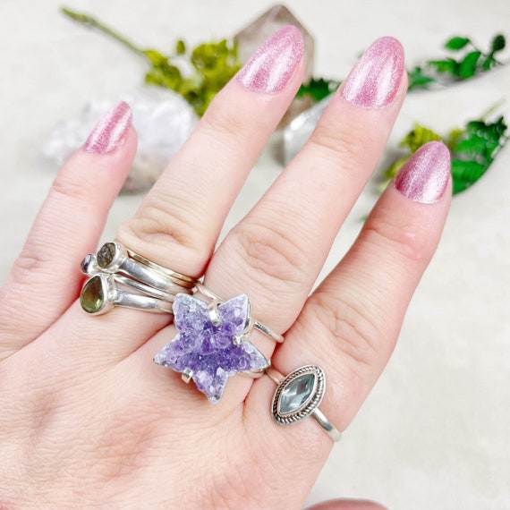 Silver Star Amethyst Druzy Statement Wire Ring (EPJ-RSB10-1)