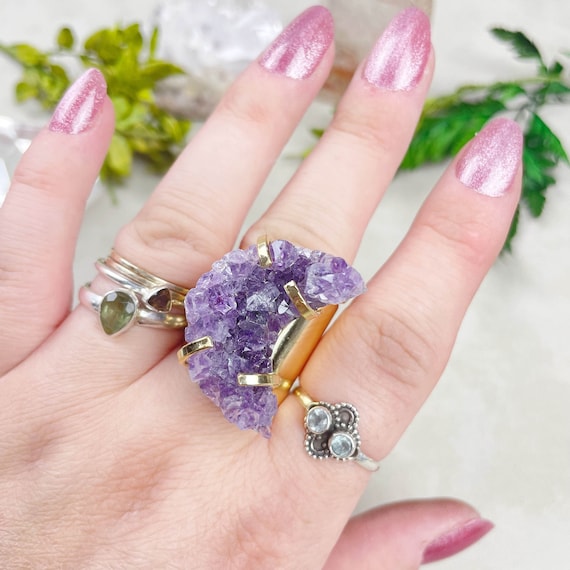 Gold Amethyst Druzy Crescent Moon Statement Cuff Ring (EPJ-RCB16-2)