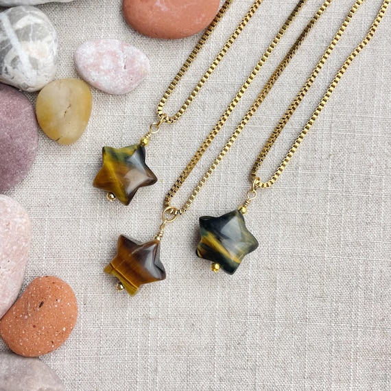 Tiger's Eye Star Bead Pendant Gold Necklace (EPJ-N3AA11-TE)