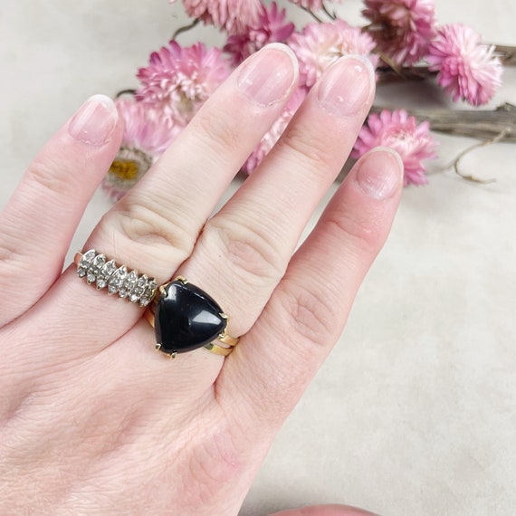 Gold Black Onyx Triangle Gemstone Adjustable Ring (EPJ-RTD15-3)