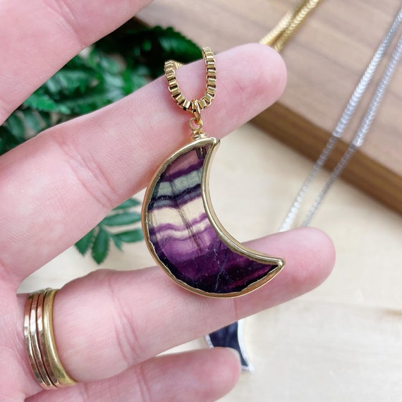 Fluorite Crescent Moon Necklace, Gold Silver Gemstone Stone Charm Necklace, Layering Simple Necklace (EPJ-NAWA27)