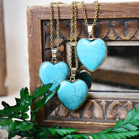 Large Blue Howlite Heart Necklace, Gold Gemstone Necklace, Layering Statement Necklace (EPJ-NW20BAA16)