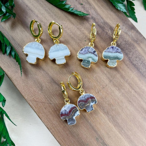 Gold Amethyst Slice Mushroom Huggie Earrings (EPJ-EEAA31)