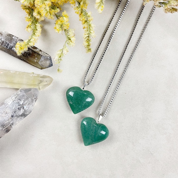 Silver Green Aventurine Puffy Heart Necklace (EPJ-NA26-GA)