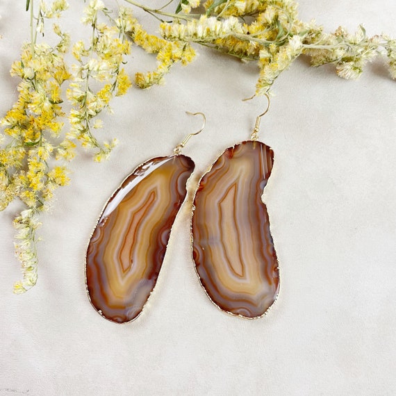 Gold Brown Agate Slice Dangle Earrings (EPJ-EL20AAA10-11)