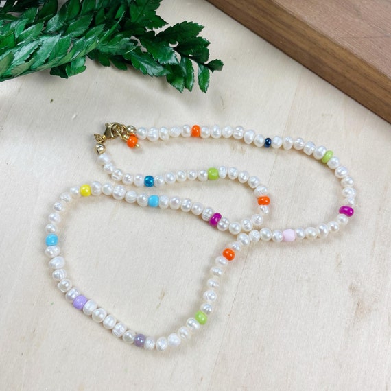 Margari/// Pearl Rainbow Beaded Necklace, Gold Colorful Gemstone Choker Necklace, Layering Statement Necklace (DEJ-21BAA16)
