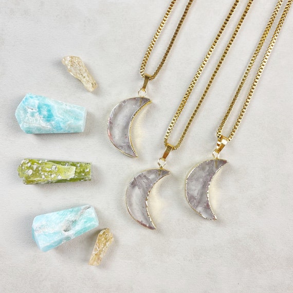 Gold Clear Quartz Crescent Moon Necklace (EPJ-NAAA11)