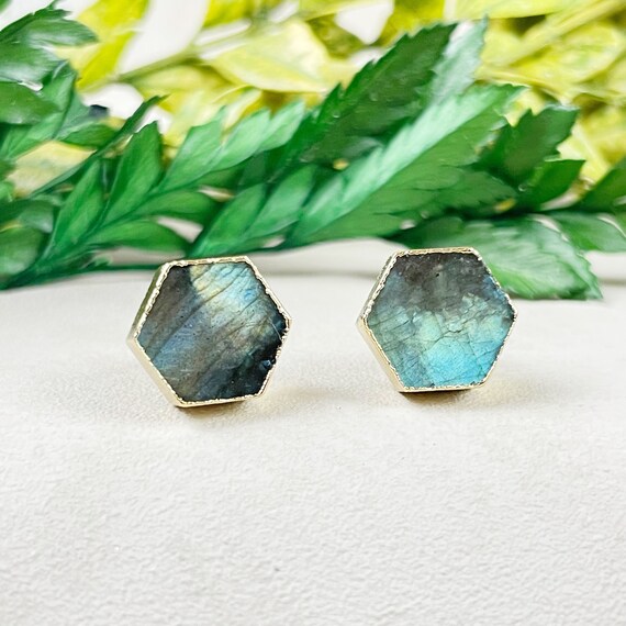 Hexagon Labradorite Stud Earrings (EPJ-E20BBA10)