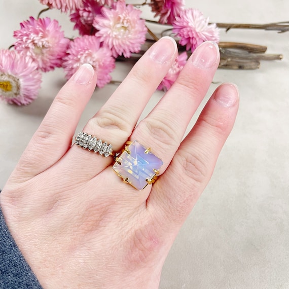 Gold Opalite Pyramid Gemstone Adjustable Ring (EPJ-RTD13-1)