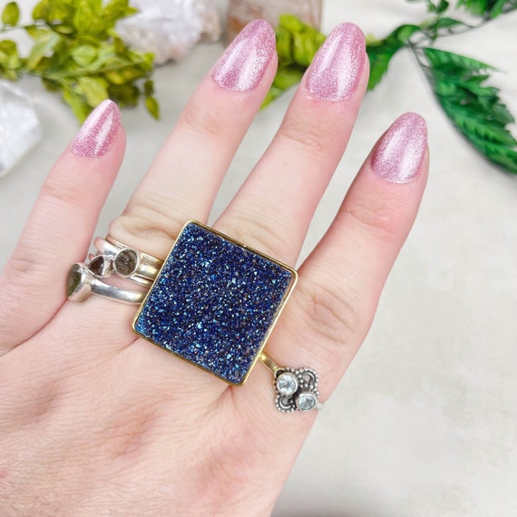 Gold Navy Titanium Druzy Statement Cuff Ring (EPJ-RAC14-1)