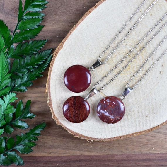 Red Jasper 20mm Round Necklace, Silver Gemstone Necklace, Layering Statement Necklace (EPJ-NW20ADA12)