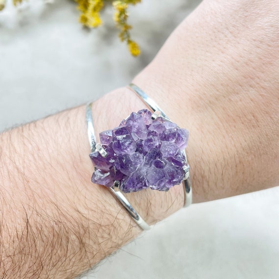 Silver Amethyst Flower Druzy Arc Cuff Bracelet (EPJ-BCCA14-6)