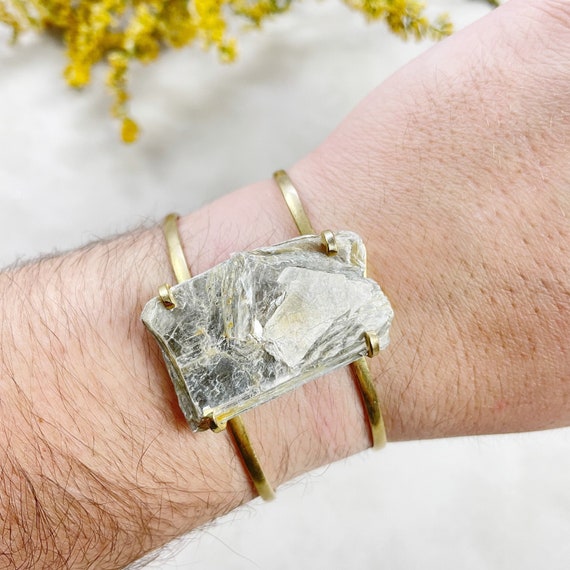 Gold Rough Mica Muscovite Statement Cuff Bracelet (EPJ-BAAA1-3)