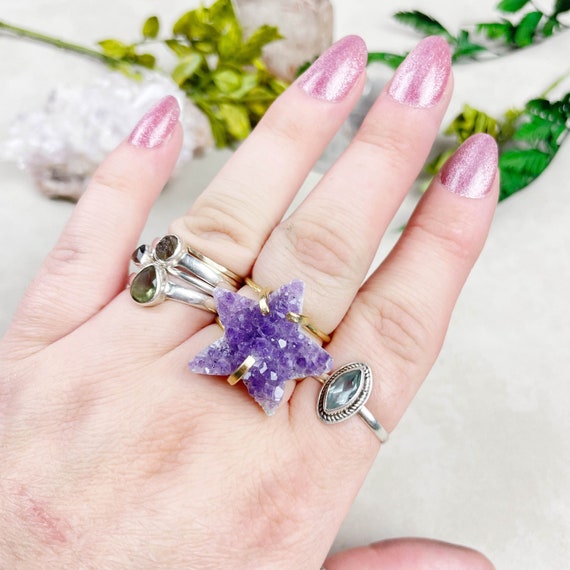 Gold Star Amethyst Druzy Statement Wire Ring (EPJ-RSB10-4)