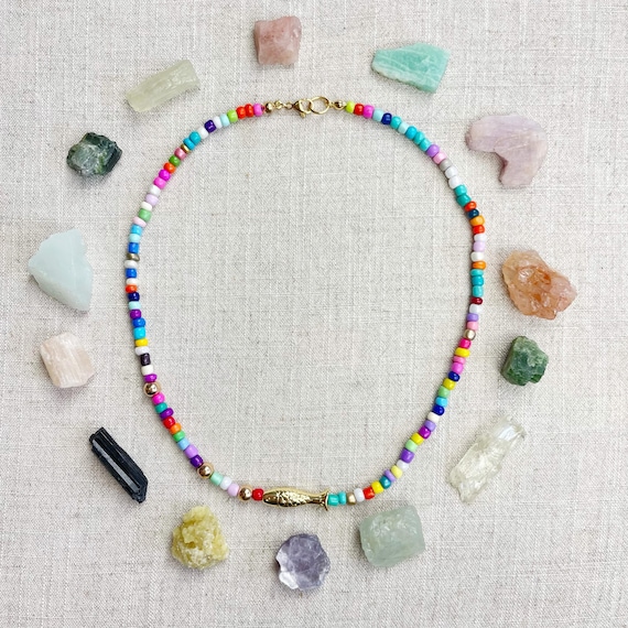 Bubblie/// Multi Gold Fish Charm Glass Beaded Layering Necklace (EPJ-NSB49-MX)