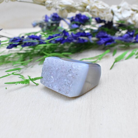 Grey Druzy Carved Ring, Gemstone Agate Ring, Statement Gem Ring, Natural Stone Chunky Large Ring, Size 6.5 (EPJ-RC20CAA16-2)