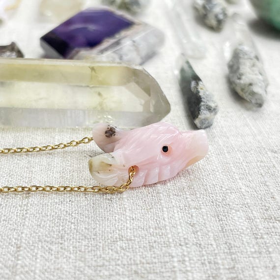 Mini Pink Opal Carved Wolf Necklace (EPJ-WAAA17)