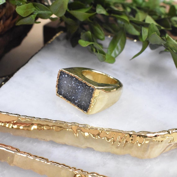 Gold Grey Druzy Carved Ring, Gemstone Druzy Ring, Statement Gem Ring, Natural Stone Large Ring, Size 5.75 (EPJ-RCBA10-30)