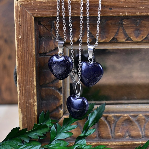 Small 16mm Blue Goldstone Heart Necklace, Silver Gemstone Necklace, Layering Statement Necklace (EPJ-NW20ABD15)