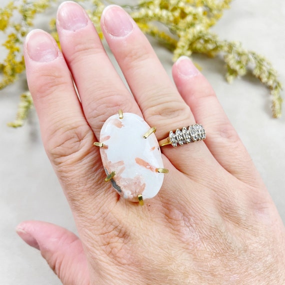 Raw Brass Pink Scolecite Gemstone Crystal Ring (EPJ-RB10-16)