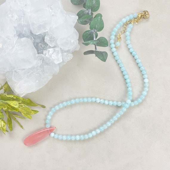 Miriam// Watermelon Quartz Teardrop Blue Jade Beaded Necklace (EPJ-NSBB17-WQ)