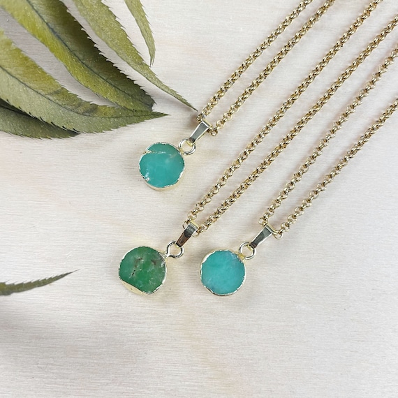 Gold Chrysoprase Round Coin Necklace, Gold Layering Pendant Necklace (EPJ-N24A13)