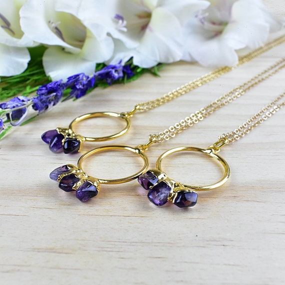 Triple Amethyst Nugget Circle Necklace, Gold Gemstone Necklace, Delicate Layering Necklace (EPJ-ND19FAA10)