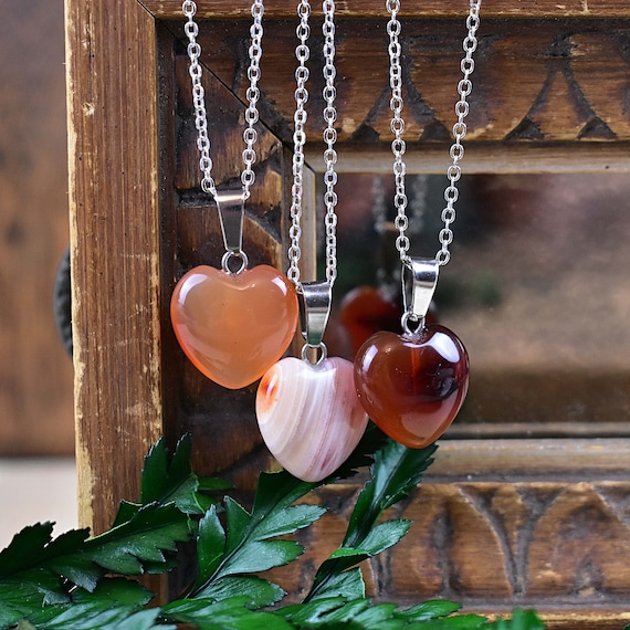 Small 16mm Carnelian Heart Necklace, Silver Gemstone Necklace, Layering Statement Necklace (EPJ-NW20ABD10)