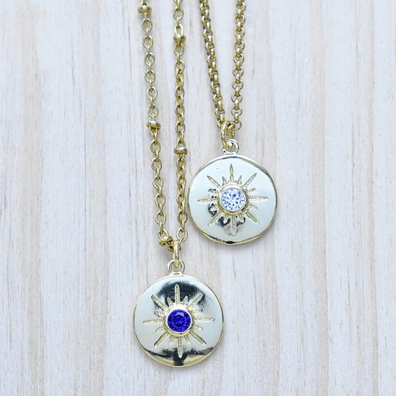 Crystal Sun Coin Charm Necklace, Gold CZ Layering Necklace, Statement Pendant Necklace (EPJ-NC19RSA8)