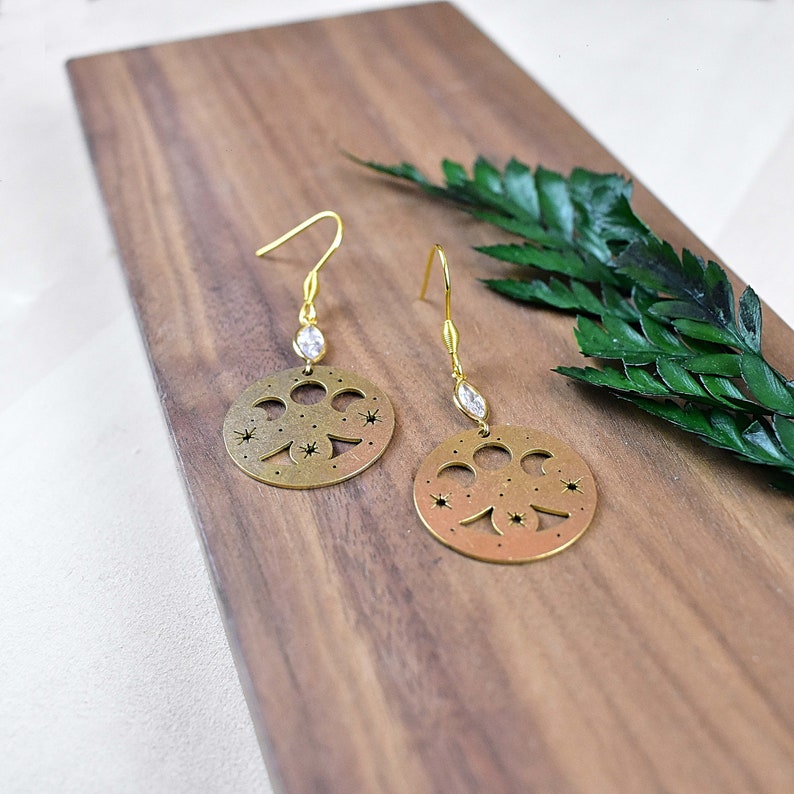 Gold Brass Moon Chandelier Earrings Fortuneteller Orb Celestial Dangle Earrings Brass Fortuna Drop Earrings EPJ-E21B18