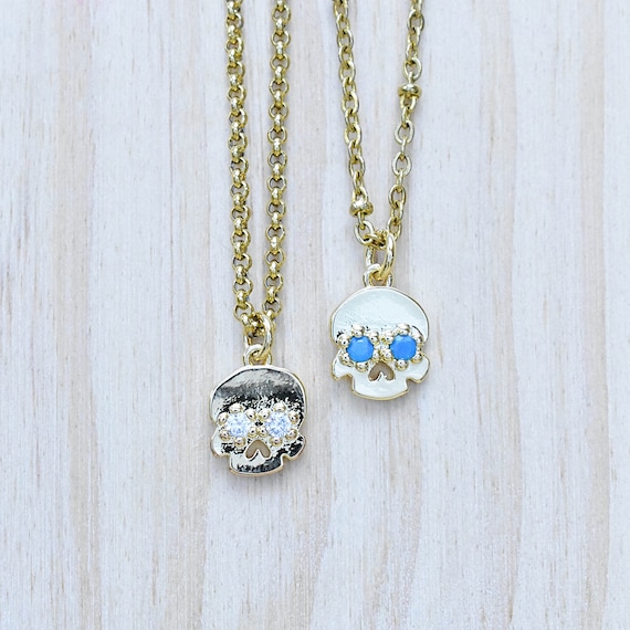 Gold Skull Necklace With Blue CZ Crystal Eyes - Etsy
