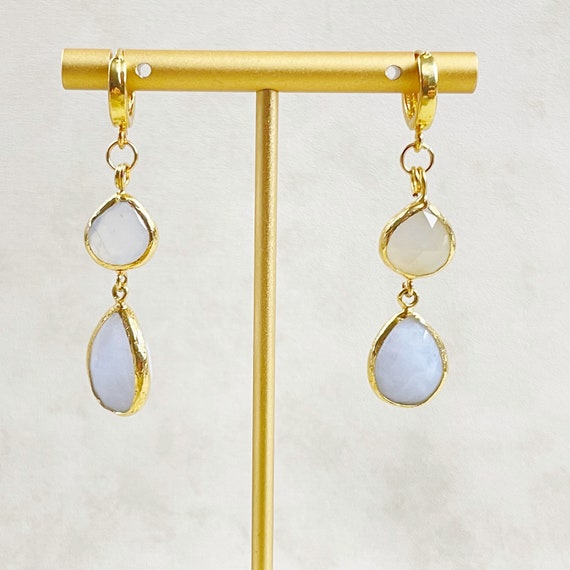 Blue Chalcedony Double Teardrop Huggie Earrings (EPJ-EA20BAA11)