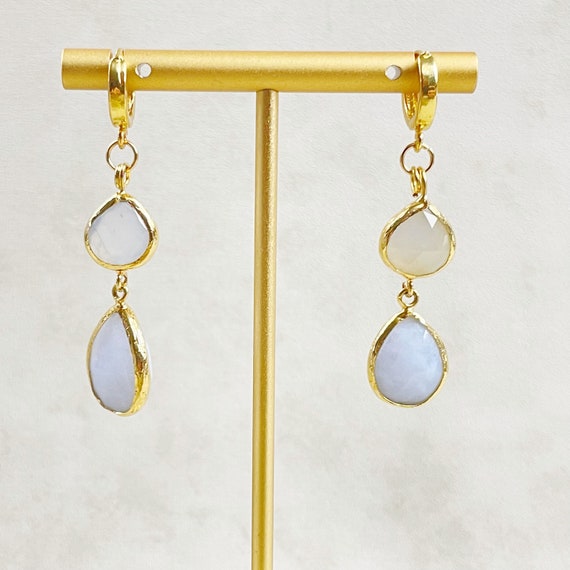 Blue Chalcedony Double Teardrop Huggie Earrings (EPJ-EA20BAA11)