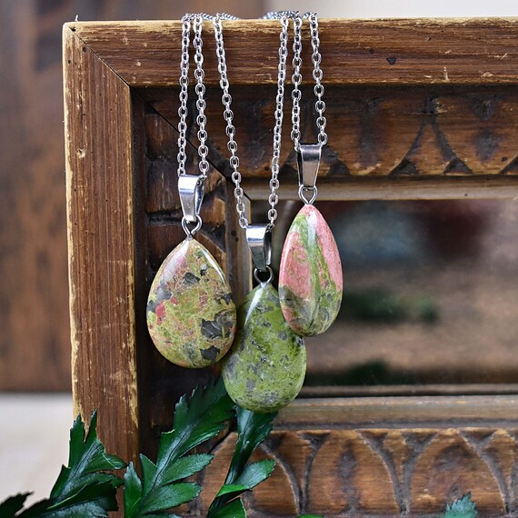 Unakite 16x24mm Teardrop Necklace, Silver Gemstone Necklace, Layering Statement Necklace (EPJ-NW20AAA13)