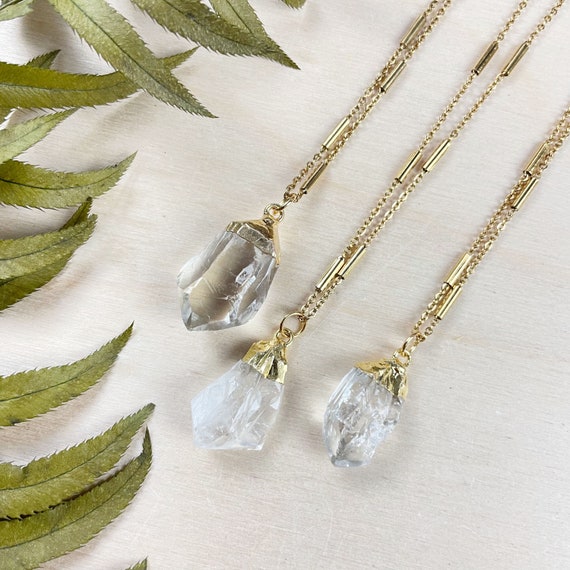 Gold Rough Clear Quartz Nugget Necklace (EPJ-N24A60)