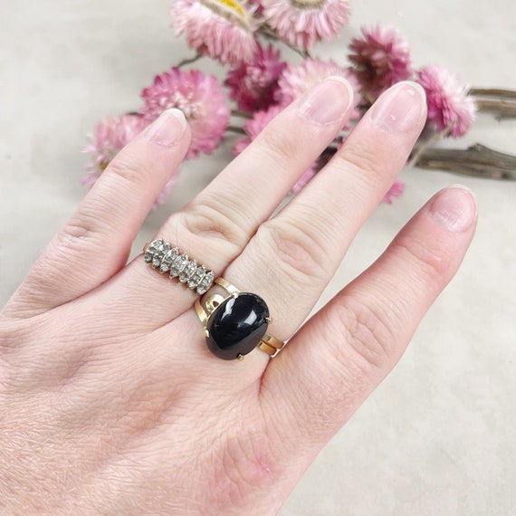 Gold Black Onyx Oval Gemstone Adjustable Ring (EPJ-RTD24-7)