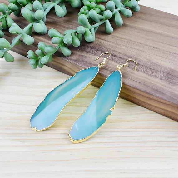 Green Agate Slice Dangle Earrings, Gold Gemstone Agate Long Earrings, Statement Dangle Drop Earrings (EPJ-EL20AAA10-1)