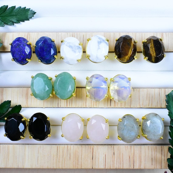 Faceted Oval Gem Stud Earrings, Gold Gemstone Cabochon Earrings (EPJ-ES19WAA12)