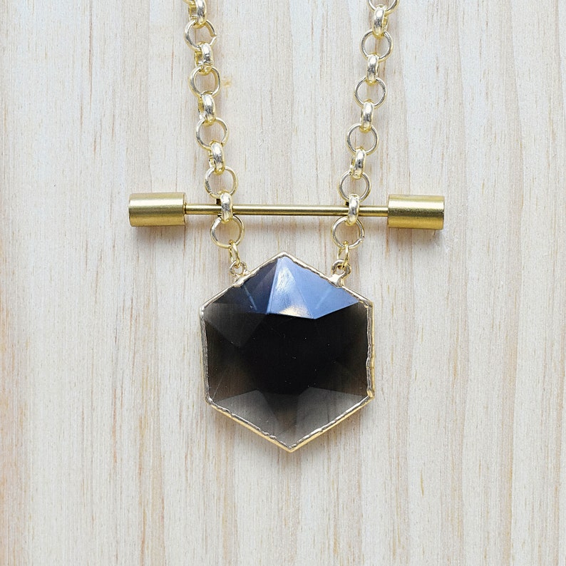 Gold Gemstone Necklace DEJ-NBA10-SQ Asteria Smoky Quartz Hexagon Necklace Statement Layering Necklace