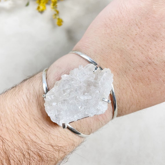 Silver Crystal Quartz Cluster Arc Cuff Bracelet (EPJ-BCCA10-S-2)