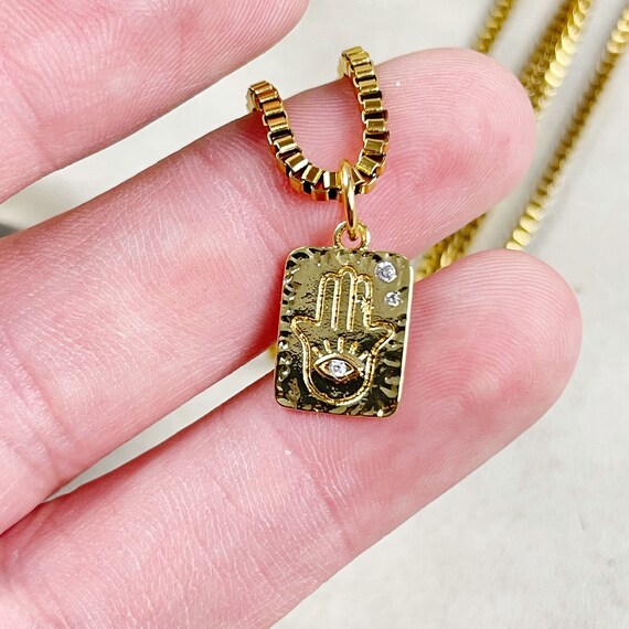 Gold Hamsa Hand Tag Charm Necklace (EPJ-NC10)