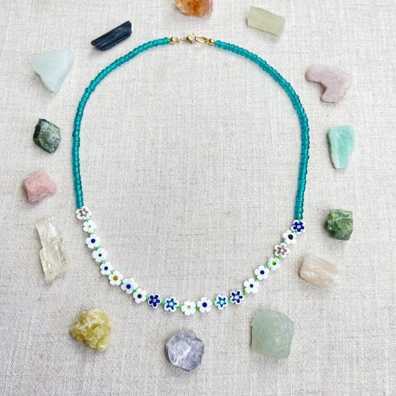 Bloomie/// Teal Daisy Beaded Layering Necklace (EPJ-NSB55-TL)