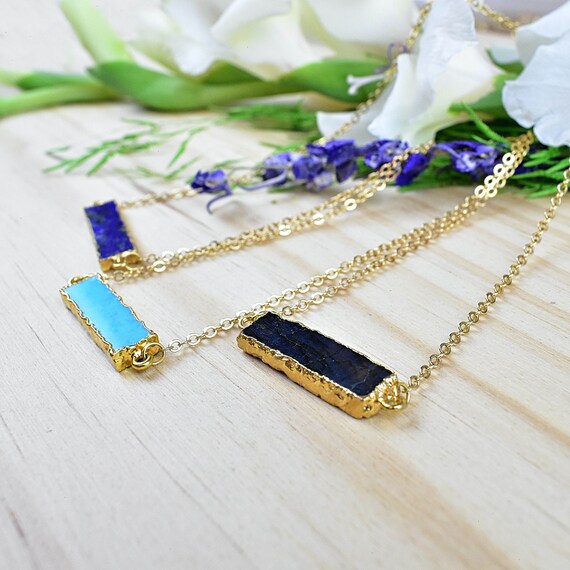Horizontal Gemstone Bar Necklace, Gold Bar Necklace, Layering Statement Necklace, Delicate Pendant Necklace (EPJ-N19GAA14)